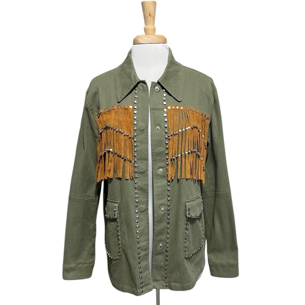 Zara Women Outerwear Metal Studded Army Green Fringe Jacket Western Deco Size L